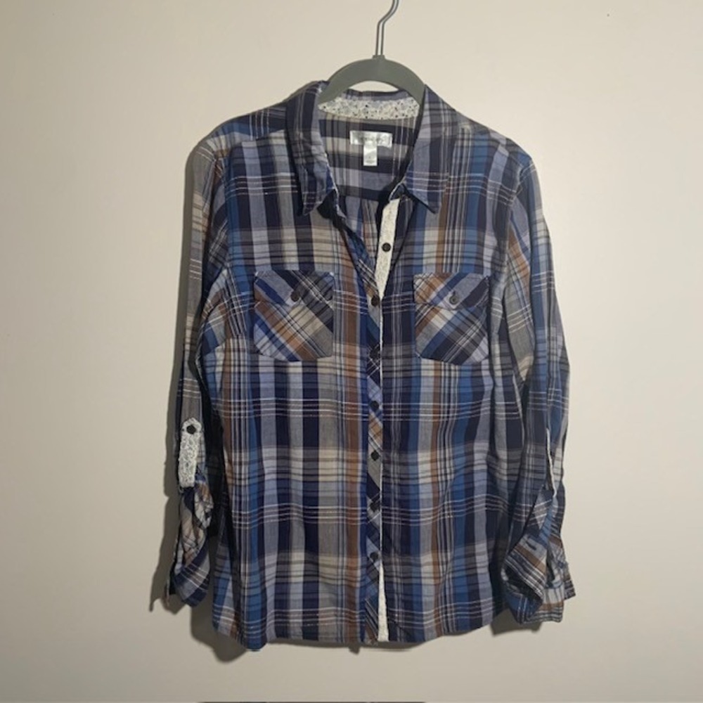 Blue Plaid Button Down Shirt Rodeo Cowgirl Size L Long Sleeve Cotton Flannel